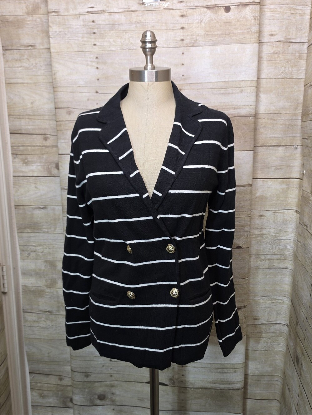 Anne Klein Black & White Striped Double-Breasted Women's Knit Blazer